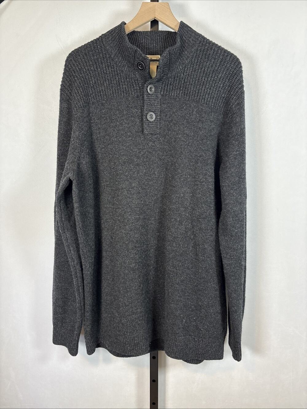 LL Bean Lambs Wool Mock Neck Sweater Men's XLT Gray Button Neck Grandpa Academia
